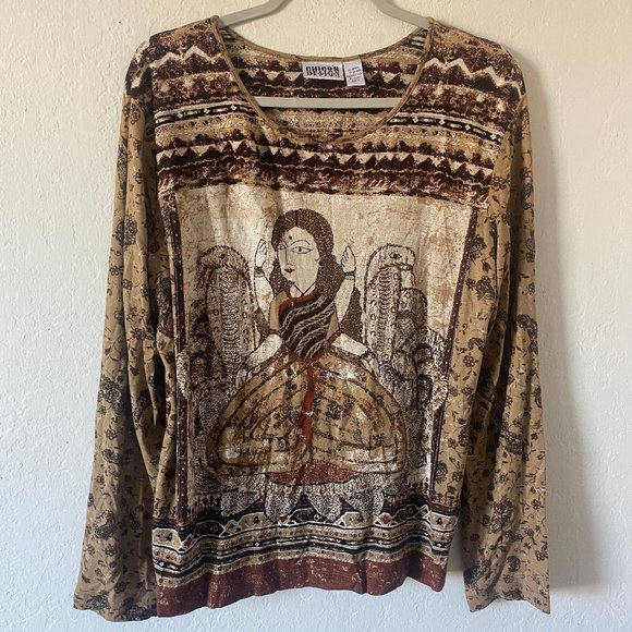 Chicos Design Womens Shirt Top Snake Indian Gypsy Size 2 L Paisley Floral Ethnic - Picture 1 of 10